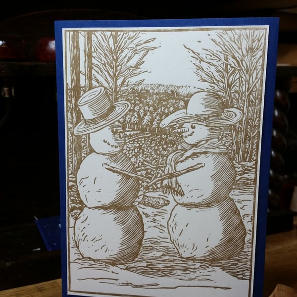 Original linocut christmas card & envelope - Snow couple - snowman and snowwoman