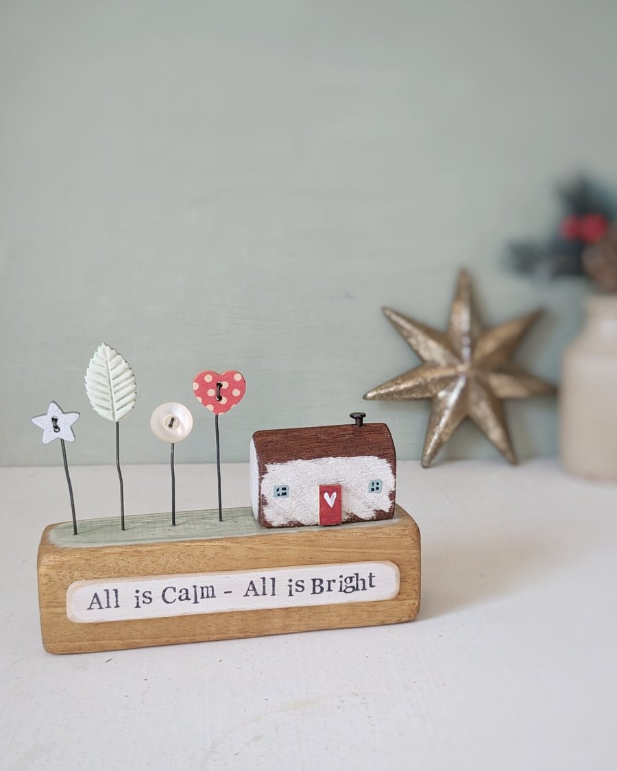 Image of Little Wooden House with Festive Garden 'All is Calm All is Bright'