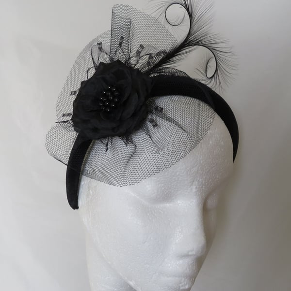 Black Elegant Halo Curl Feather and Rose Bespoke Velvet Headband Fascinator