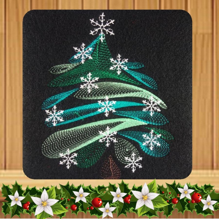 Handmade Swirly Tree Christmas card embroidered design