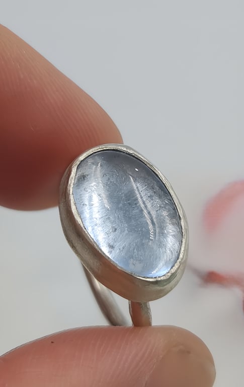 Handmade Silver Bezel Ring with Oval Synthetic Aqua Spinel : Size J