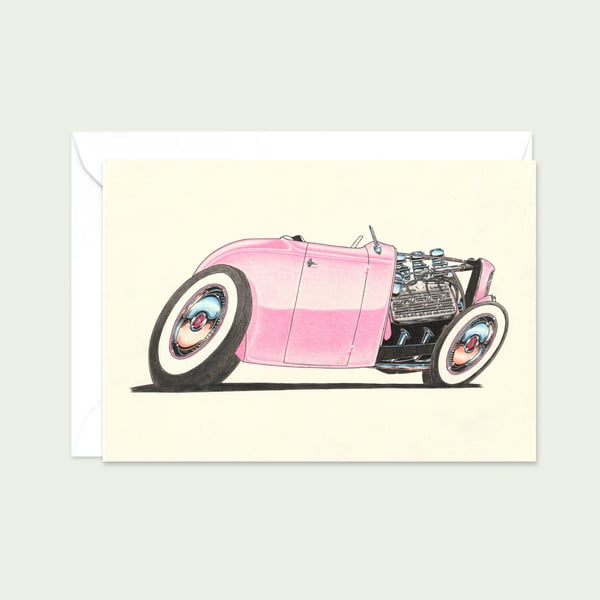 Pink Street Rod Greeting Card: Original Art for a Classic Car Lover (404)