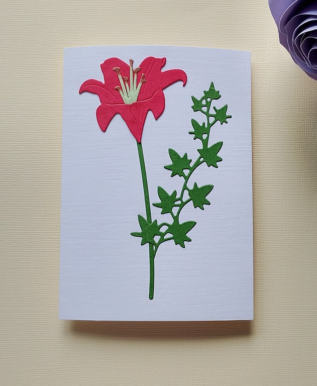 Red Paper Lily - Flower Shop Moments, Blank Handmade Floral Card 