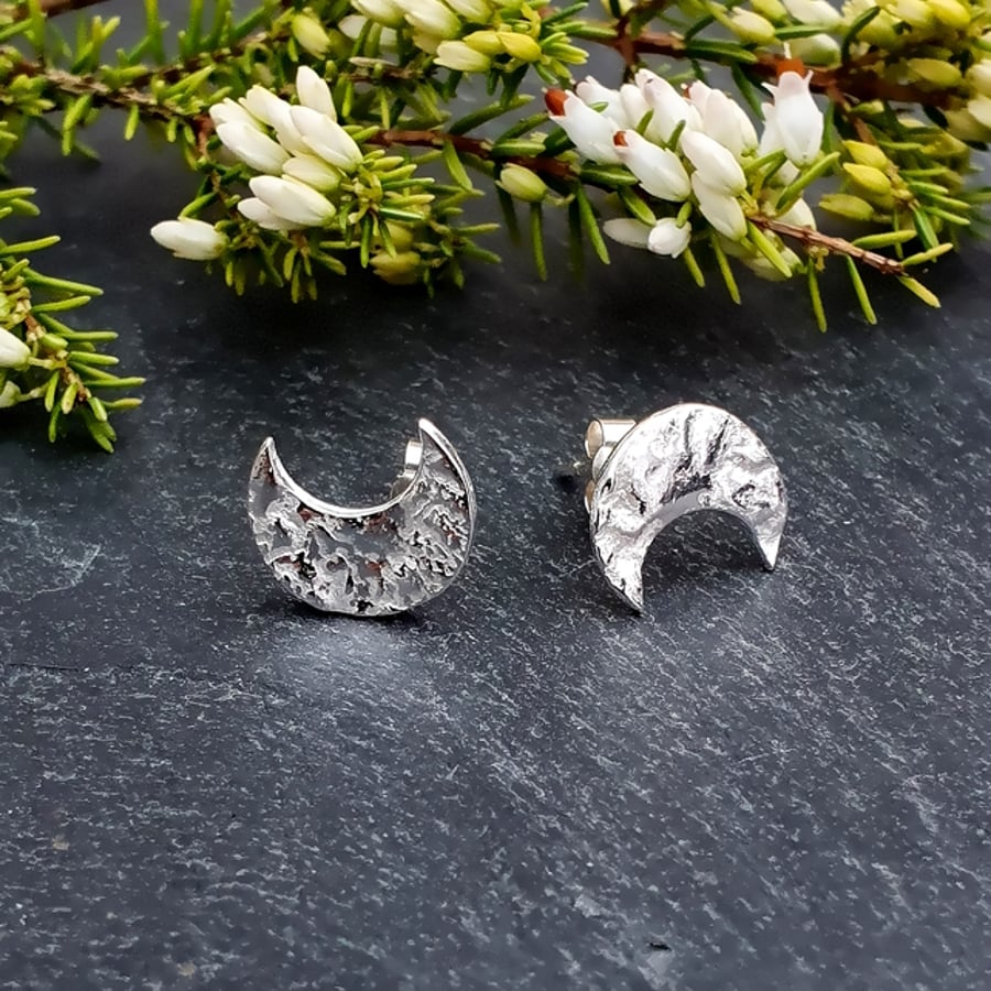 Fine Silver Crescent Moon Stud Earrings