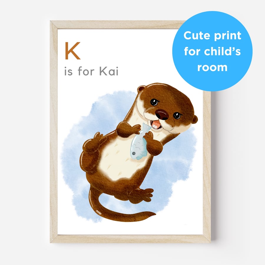 Otter personalised baby child name unframed print for nursery bedroom playroom 