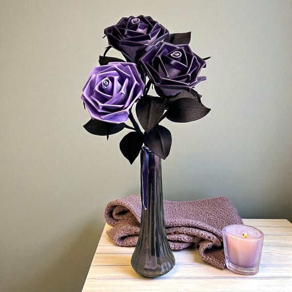 Trio of Purple Leather Roses - Handmade 3rd anniversary gift 