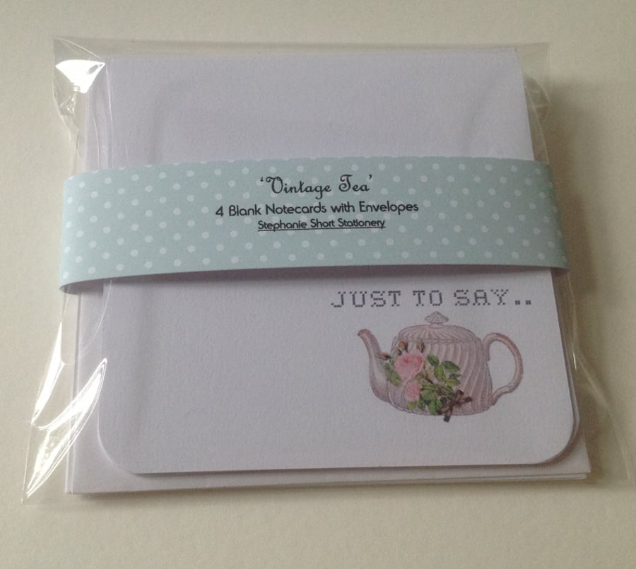 Notecards, Set of Four Blank 'Vintage Tea', Handmade Notecards with Envelopes