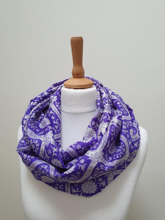 Sari silk double sided infinity scarf. Blue-Purple with white. Indian block prin