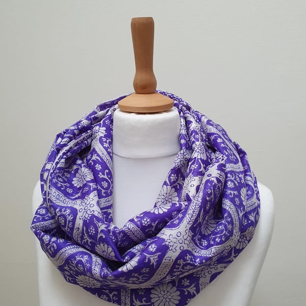 Sari silk double sided infinity scarf. Blue-Purple with white. Indian block prin