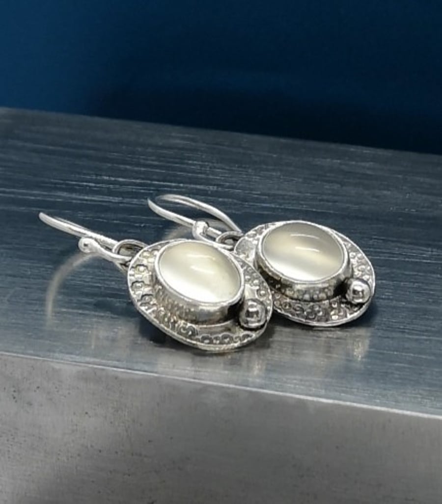 Short drop moonstone earrings - celtic design- recycled  silver - oval earrings