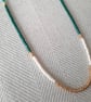 Glass beaded necklace, emerald green, aqua, cream and gold, 16 to 18 inches