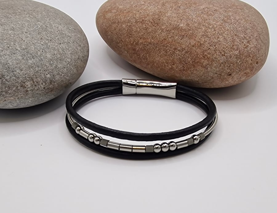 Guitar String & Leather, Morse Code Message Bracelet