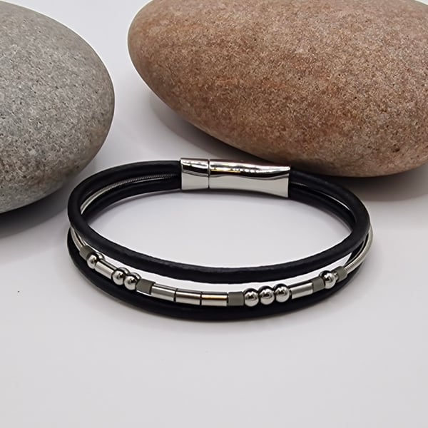 Guitar String & Leather, Morse Code Message Bracelet