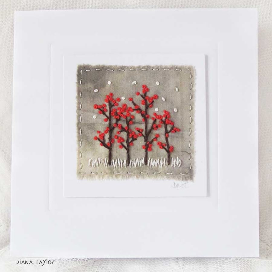RED BERRIES EMBROIDERED ECO PRINT CHRISTMAS CARD WINTER