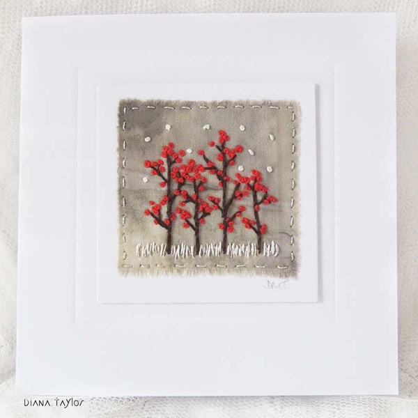 RED BERRIES EMBROIDERED ECO PRINT CHRISTMAS CARD WINTER