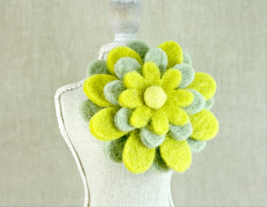 Wool Felt Flower Brooch, Pale Green and Yellow