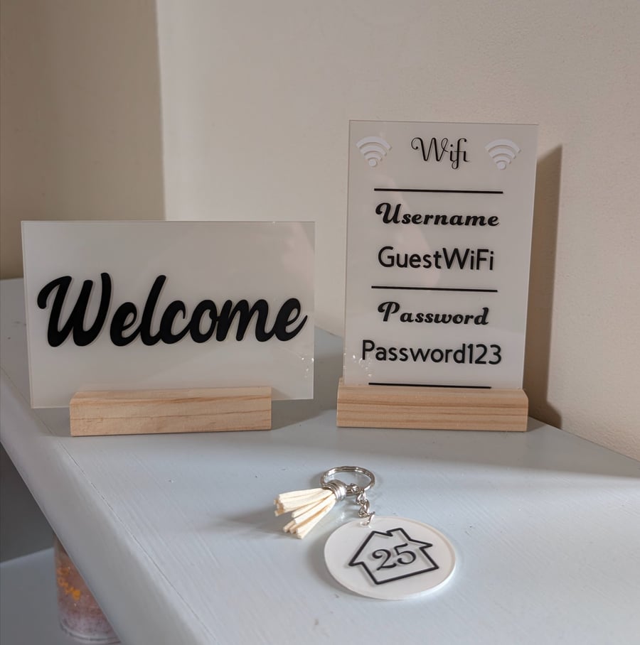 Personalised Guest Welcome Sign Set with Wi-Fi Display and House Number Keyring