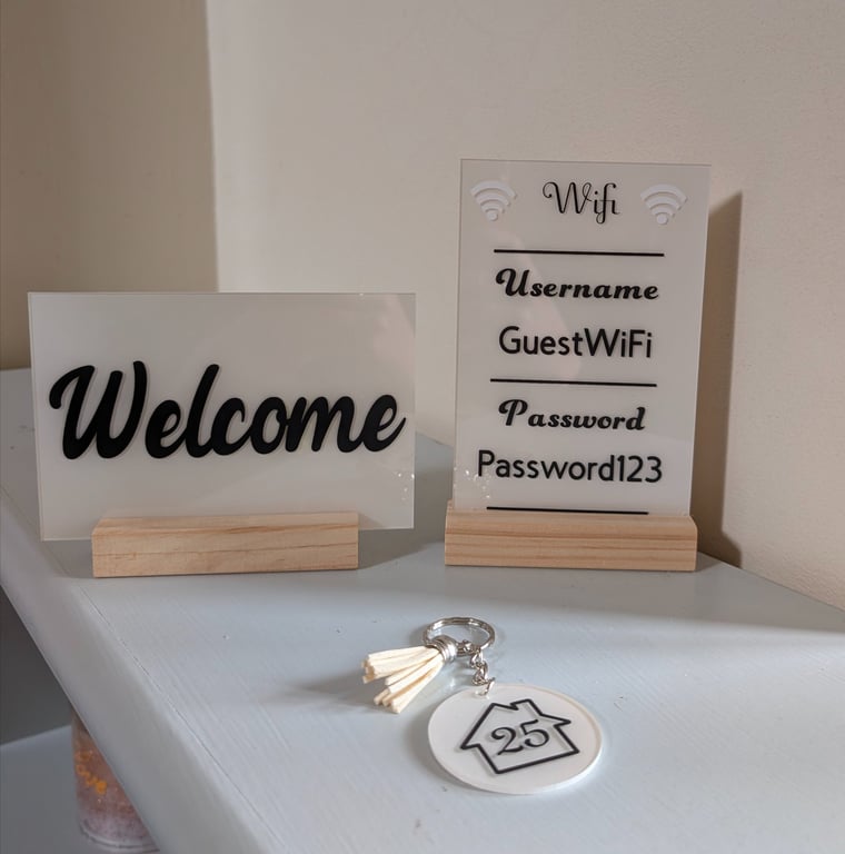 Personalised Guest Welcome Sign Set with Wi-Fi Display and House Number Keyring