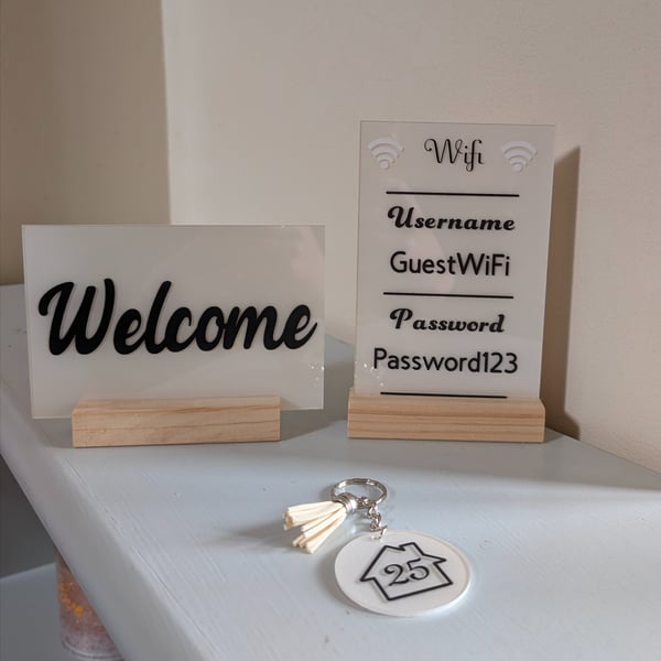 Personalised Guest Welcome Sign Set with Wi-Fi Display and House Number Keyring