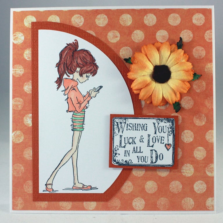 Handmade good luck card - girl with phone