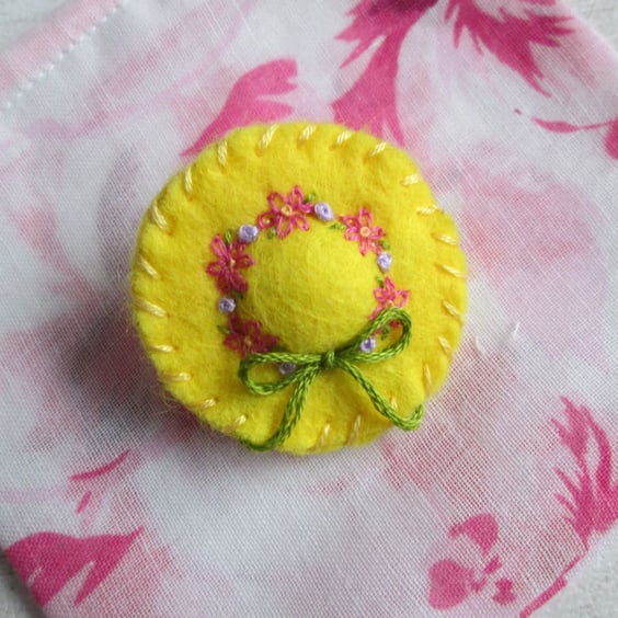 Hand Embroidered Miniature Summer Hat Brooch - Sunshine Yellow Floral