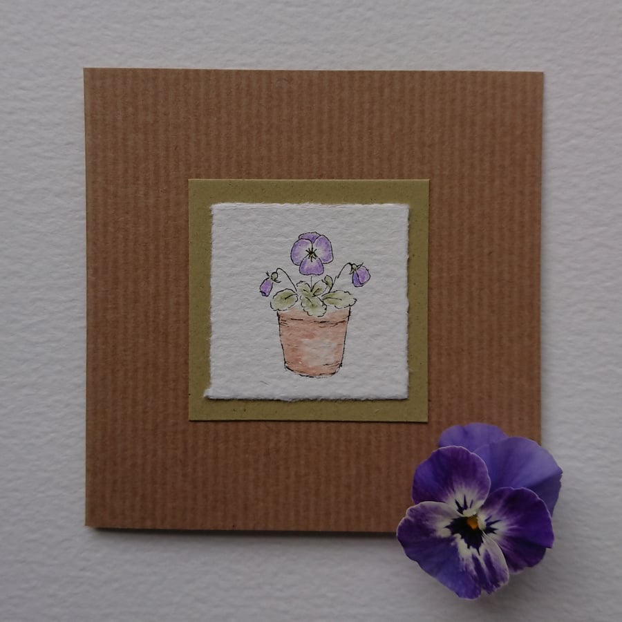 Hand painted card - pansy watercolour - recycled card and envelope 