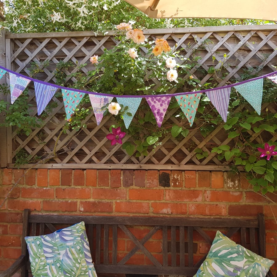 Bunting; vintage feel in tones of purple and turquoise