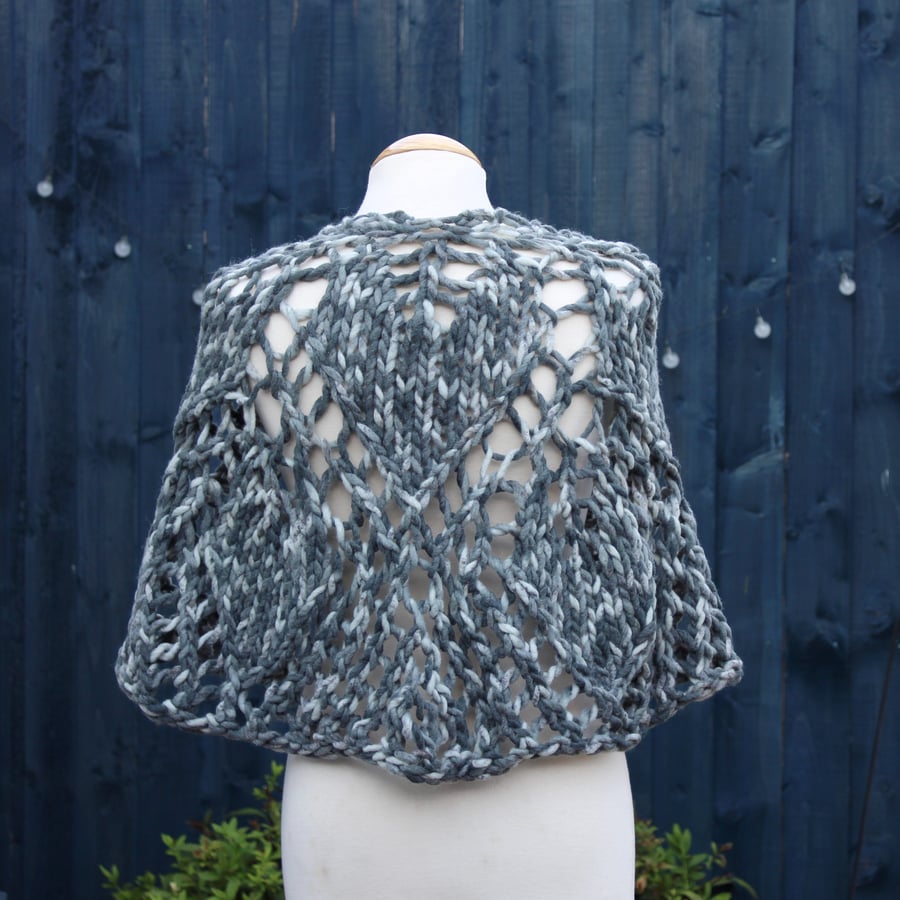 Chunky hand knit lace shawl in steel grey 60% wool - design SB168