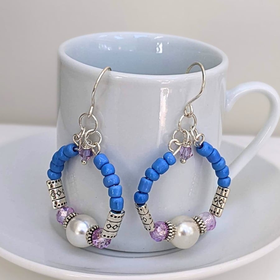 Boho Style Hoop Earrings In Blue, Lilac and Silver