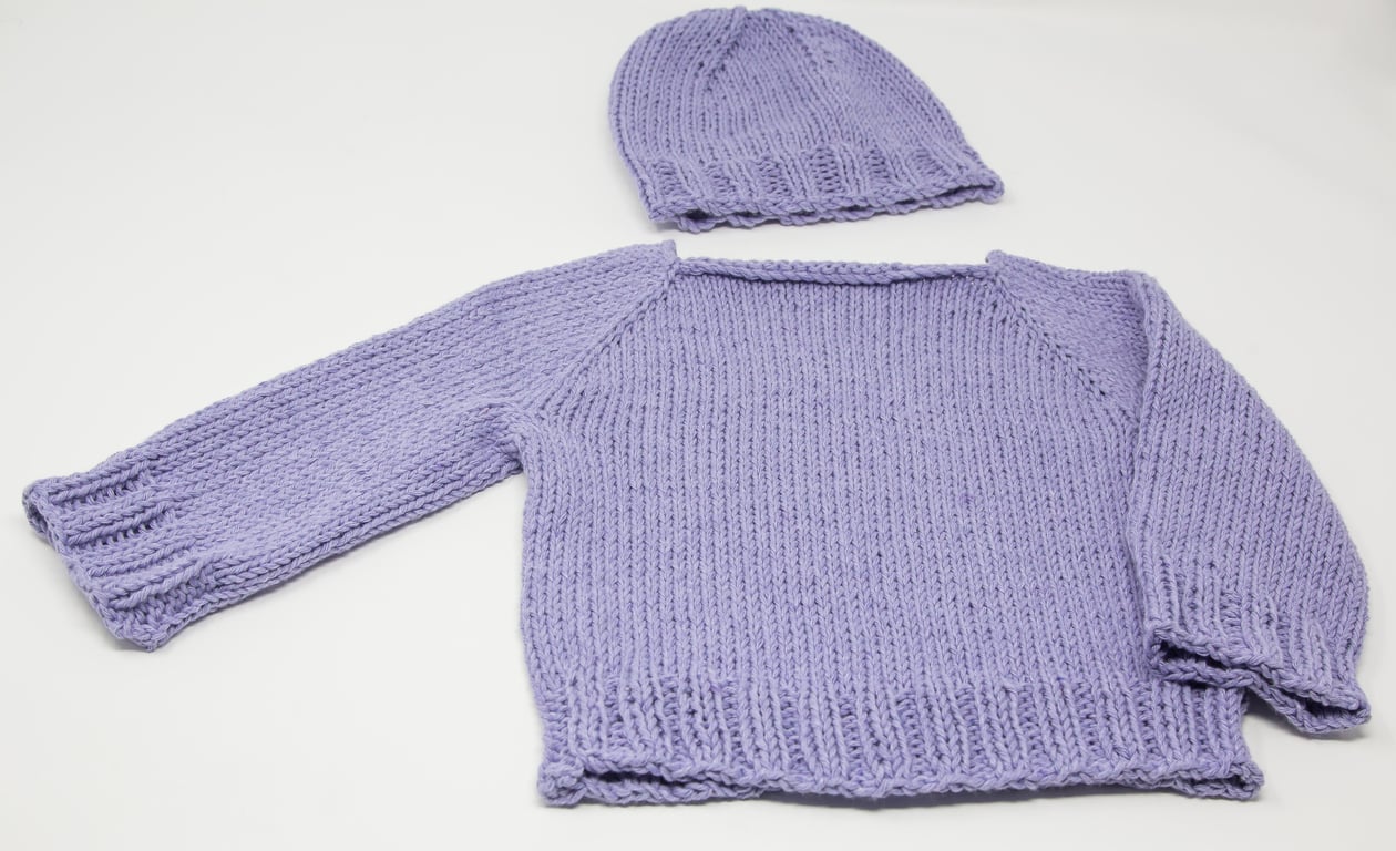 Organic Cotton Lilac Baby Jumper & Beanie Hat 3 - 6 months