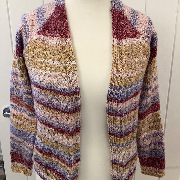 Handmade Multistriped edge to edge cardigan Acrylic cotton and wool blend size M