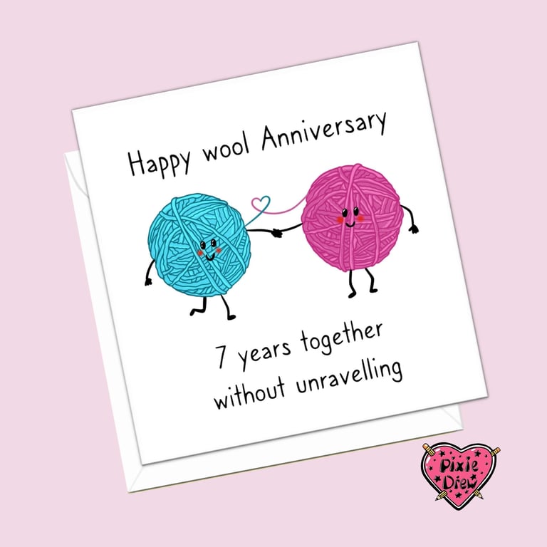 Wool Anniversary, 7th anniversary card with 2 balls of wool holding hands