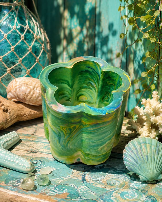 Funky Turquoise and Green Flower Pot or Storage Jar.  Hippy Boho Style. Groovy !