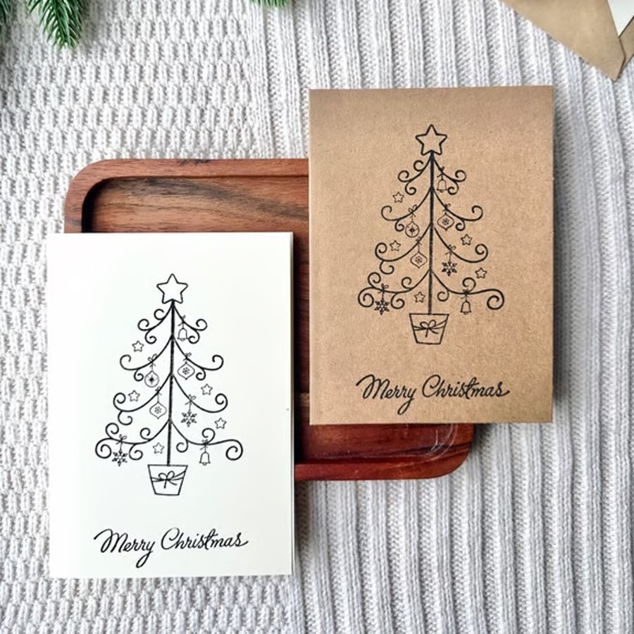 Hand stamped Christmas tree card minimalist winter greetings card rustic design