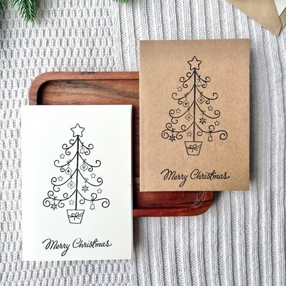 Hand stamped Christmas tree card minimalist winter greetings card rustic design