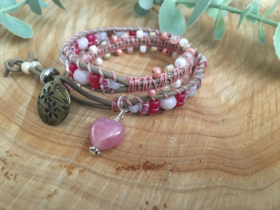 Beautiful Italian leather beaded pink wrap heart charm bracelet, boho bracelet