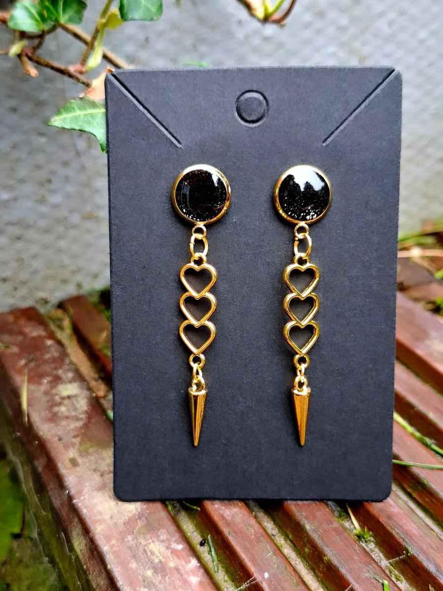 Gothic black glitter heart spikes dangly earrings Vampire Punk Emo