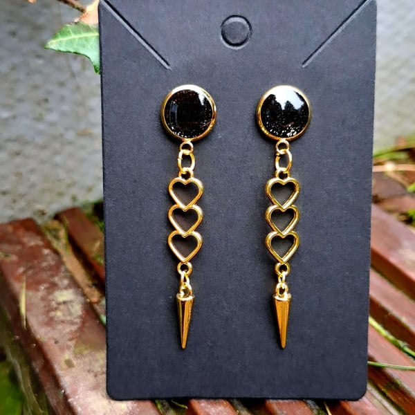 Gothic black glitter heart spikes dangly earrings Vampire Punk Emo