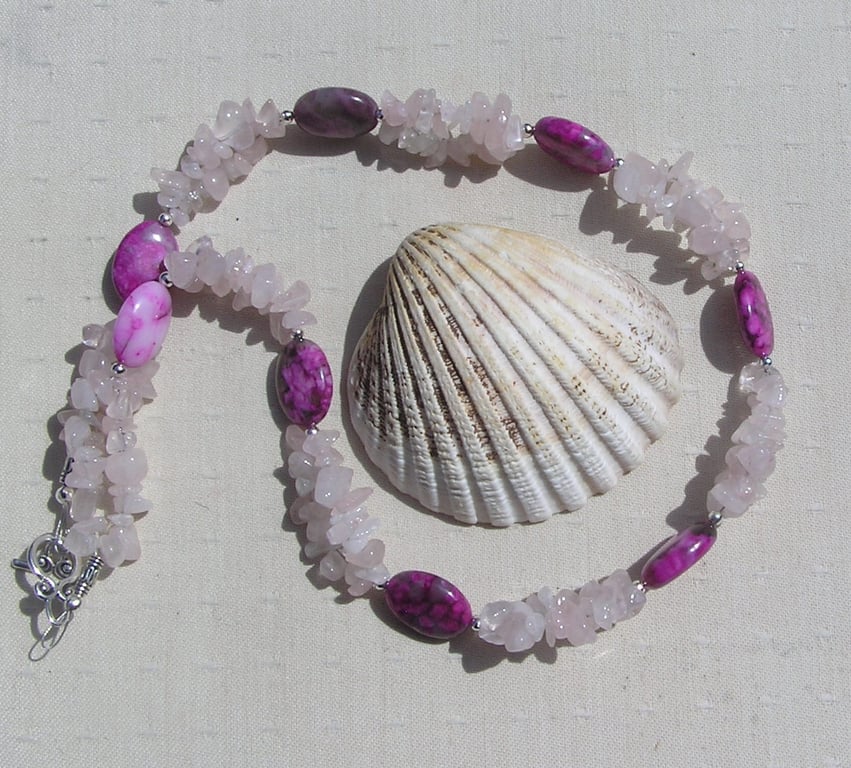 Rhodonite & Rose Quartz Crystal Gemstone Chakra Statement Necklace "Windsong"