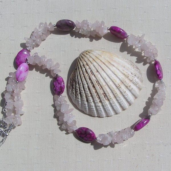 Rhodonite & Rose Quartz Crystal Gemstone Chakra Statement Necklace "Windsong"