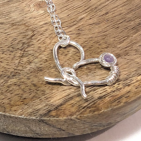 Sterling Silver Knotted Heart and Amethyst Pendant Necklace