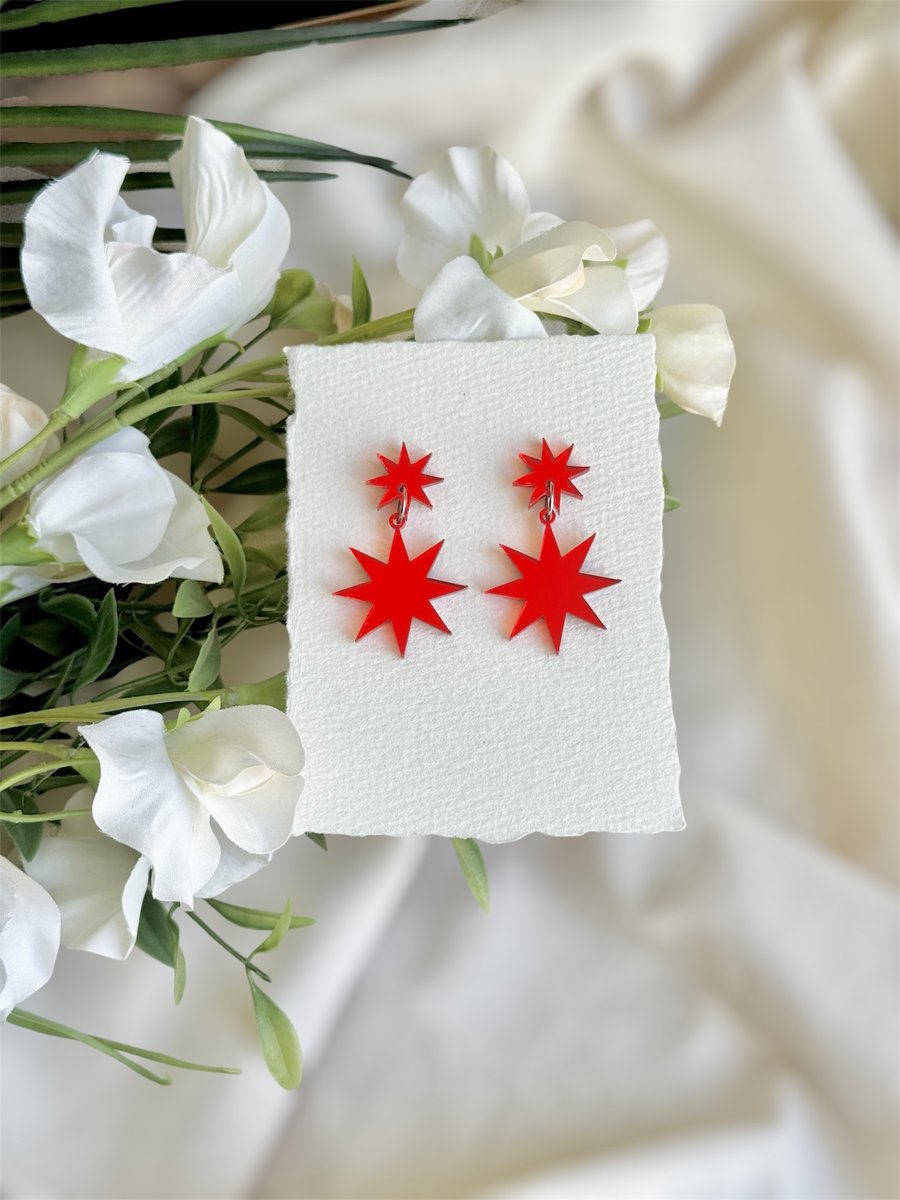Mirror Red Starburst Earrings - Statement Star Dangles
