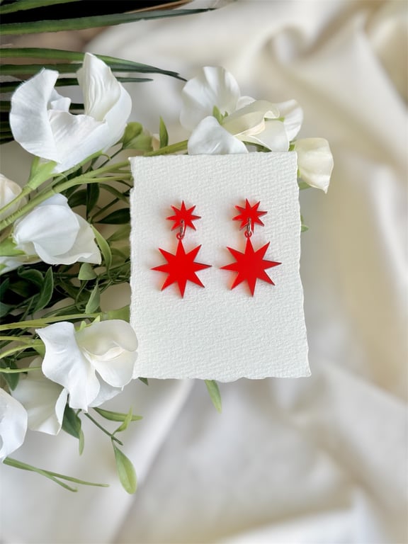 Mirror Red Starburst Earrings - Statement Star Dangles
