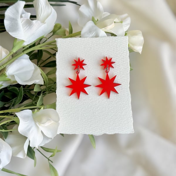 Mirror Red Starburst Earrings - Statement Star Dangles