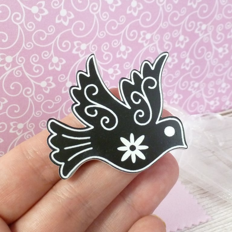Black bird brooch pin, dove brooch, laser engraved brooch pin