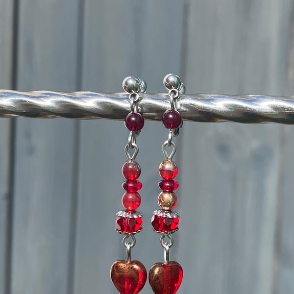 Clip on Earrings - NON-PIERCED - Red Heart Earrings 