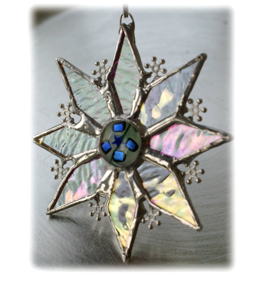 Sparkly Star Suncatcher Stained Glass Snowflake White Blue 9.5cm 047