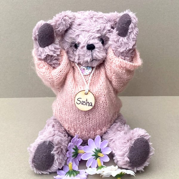 Dusky lilac collectable artist bear, dressed teddy bear by Bearlescent 