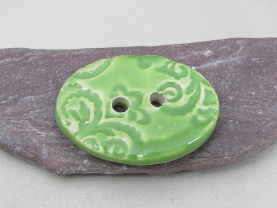 Large Apple Green Brocade Oval Handmade Ceramic Button