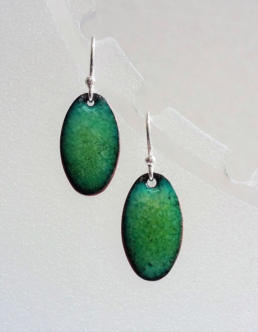 Green and blue oval earrings, enamel on copper 093